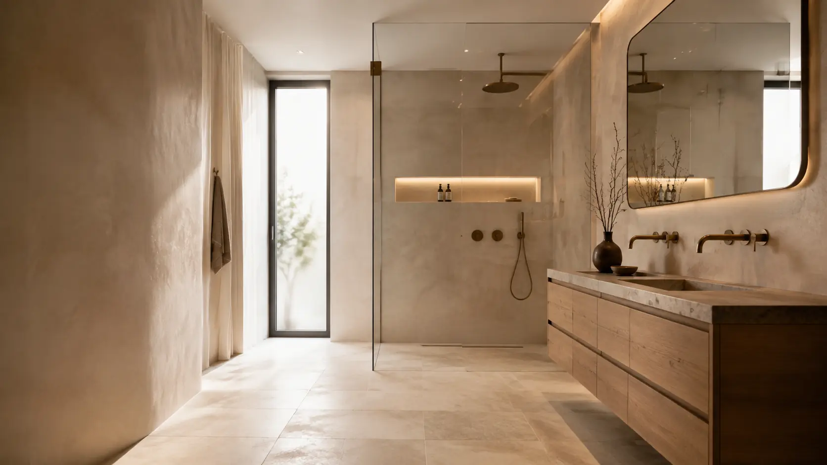 Bright bathroom with a carefully finished vanity unit