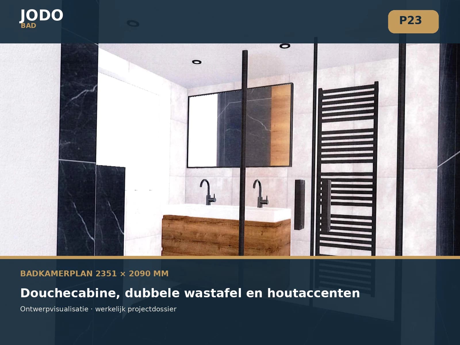 Voorbeeld van Badkamer met douchecabine, dubbele wastafel en houtaccenten