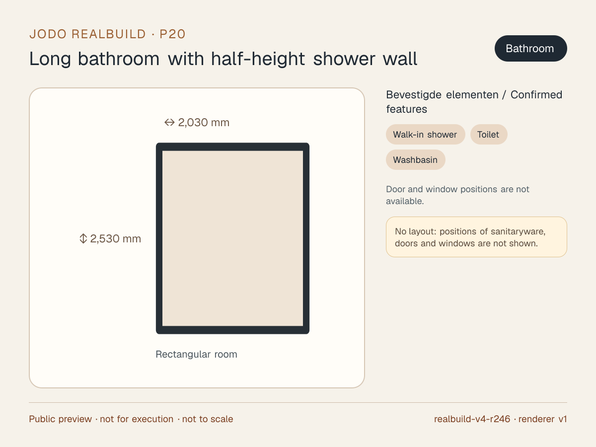 Safe preview of Long bathroom with half-height shower wall