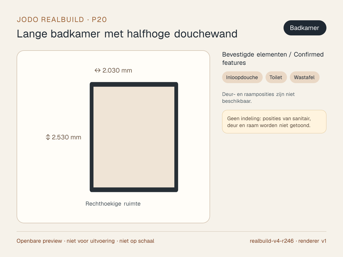 Veilige preview van Lange badkamer met halfhoge douchewand